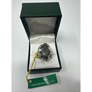 JC WALSH Ireland Sterling BIG CONNEMARA MARBLE RING Shamrock .925 Size 10 NEW